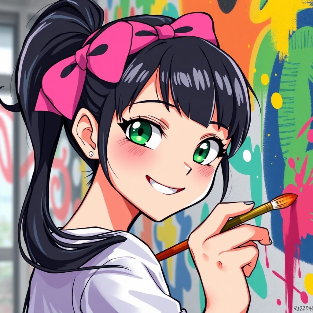 Anime Girl Painting a Mural in Manga Style