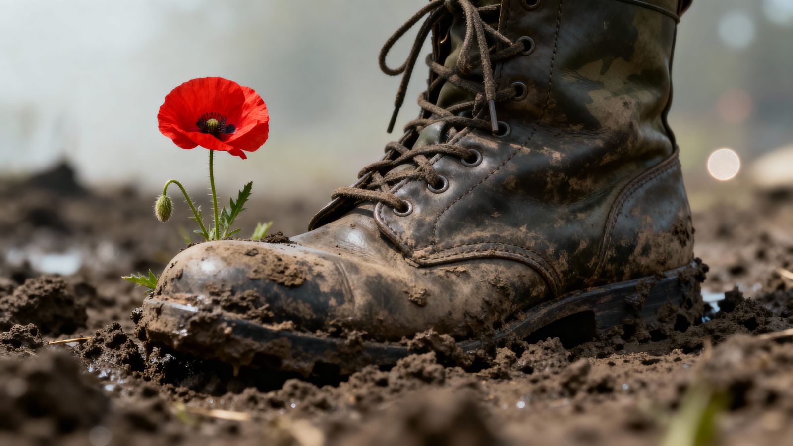 Worn Military Boot and Poppy in Mud