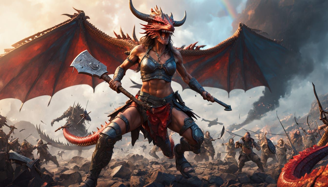 Epic Fantasy Warrior Rides Red Dragon into Battle