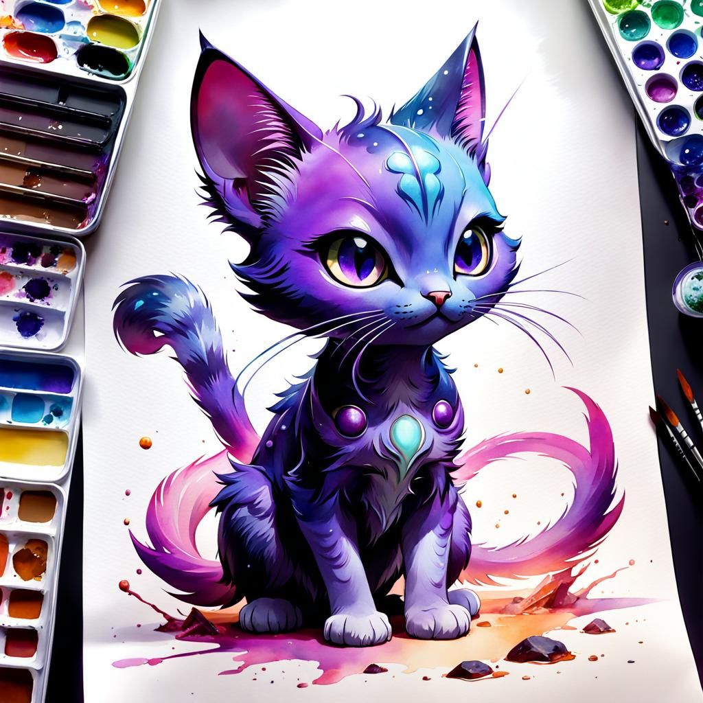 Watercolor Manga Illustration of Alien Cat Creature