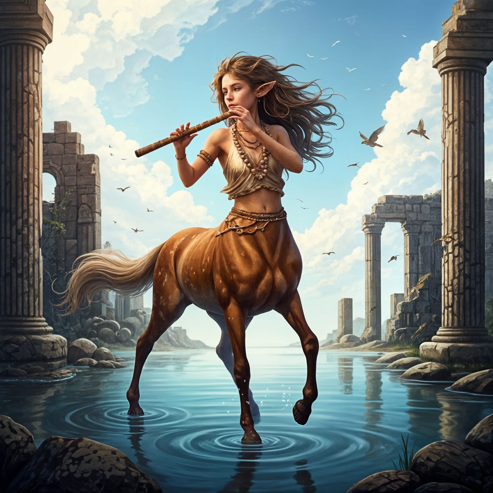 Girl Centaur Dances Among Ancient Ruins