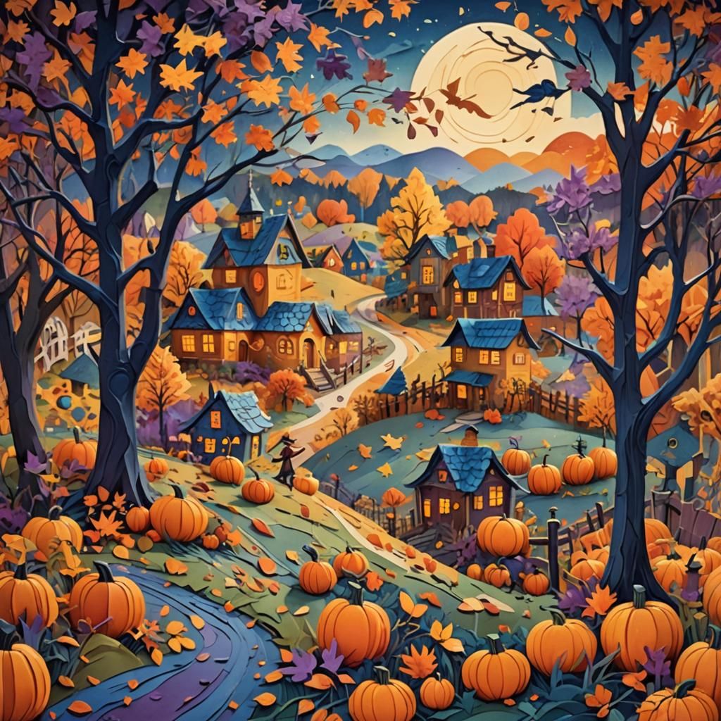 Whimsical Autumn Scene in Paper Collage Style