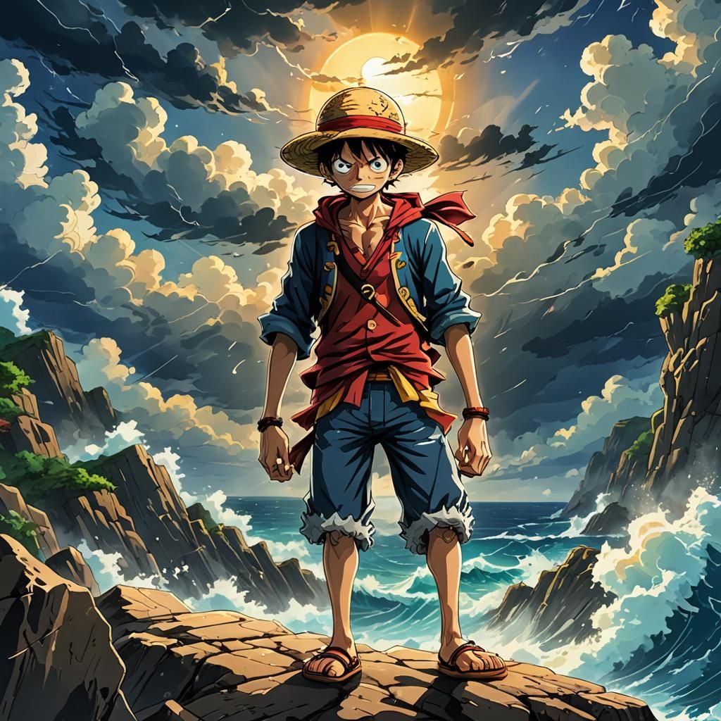 Luffy Overlooking Stormy Sea in Vibrant Anime Style