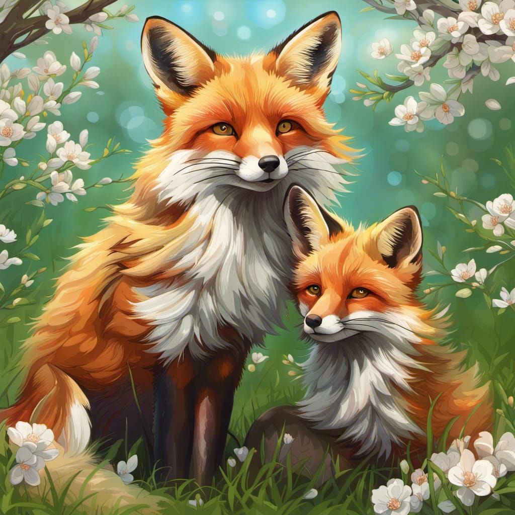 Fox Family Portrait in Spring Meadow
