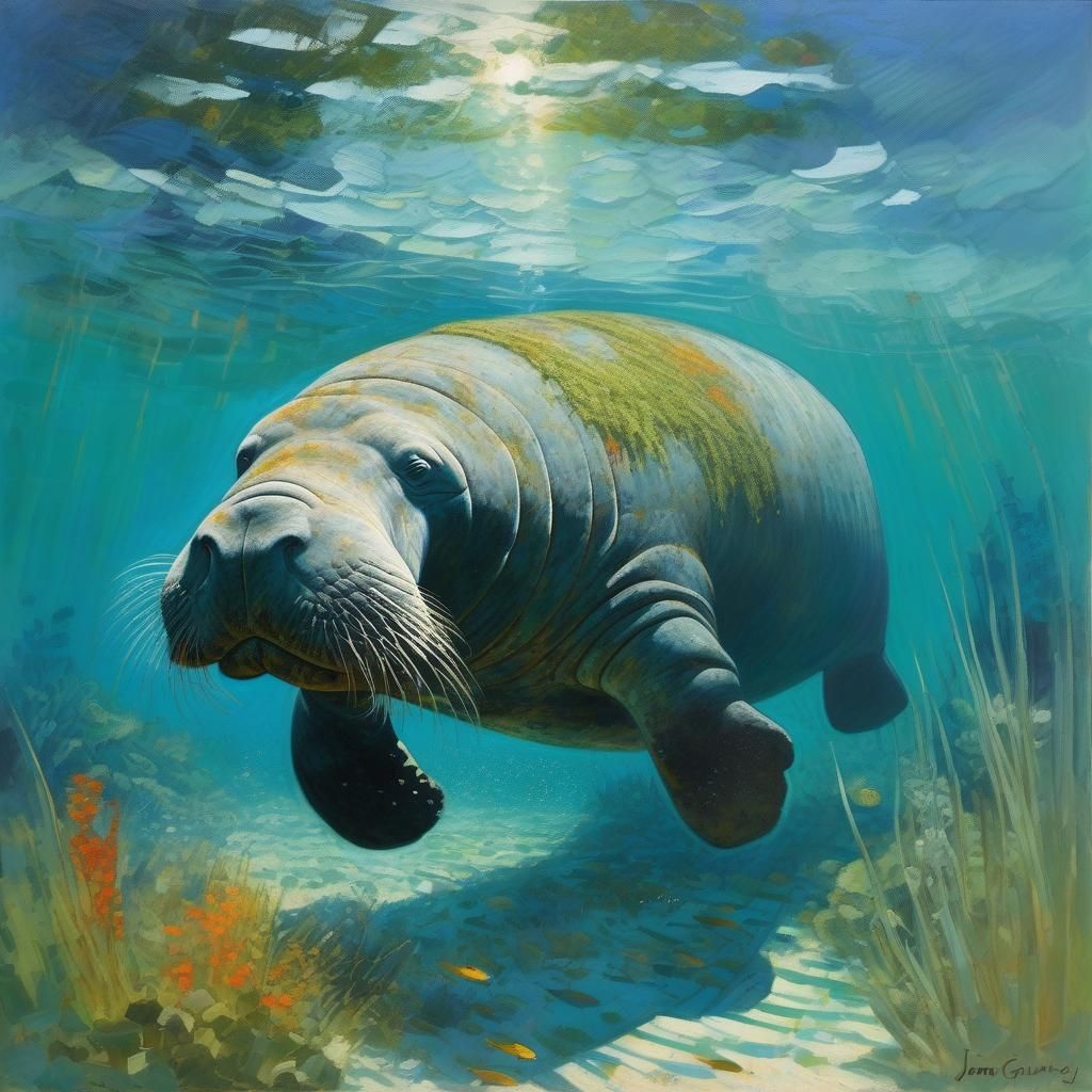 Manatee Under Speedboat in Gurney and Homer Style