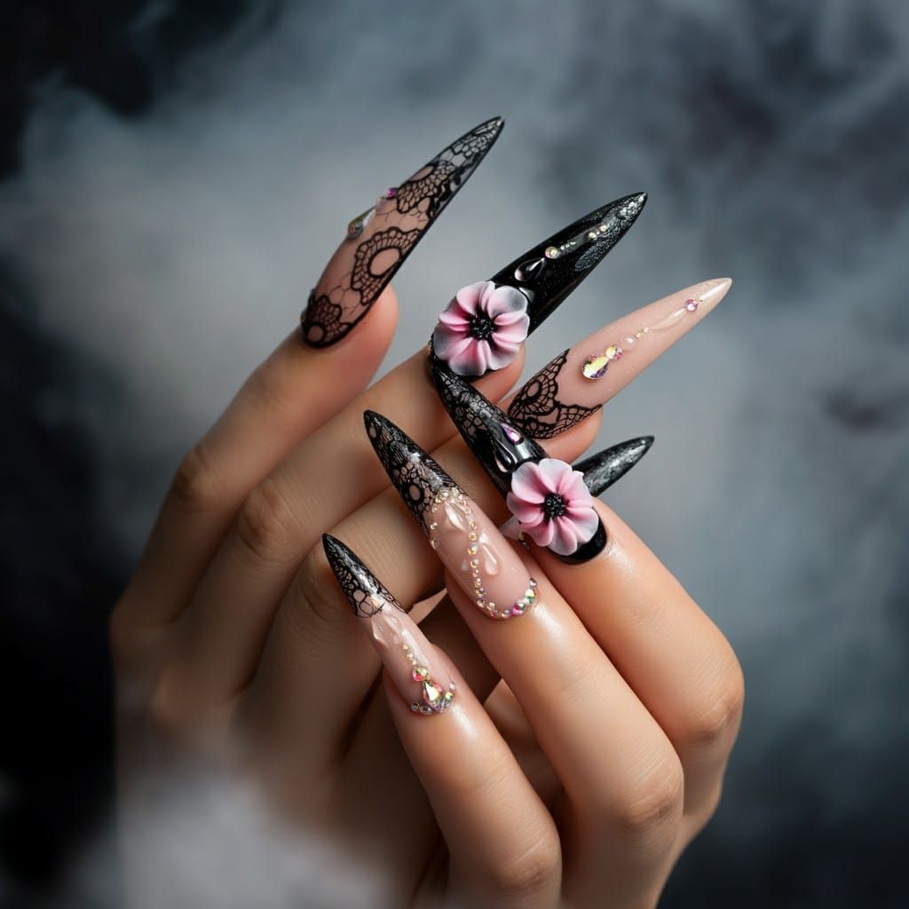 Elegant Ombre Stiletto Nails with 3D Floral Design