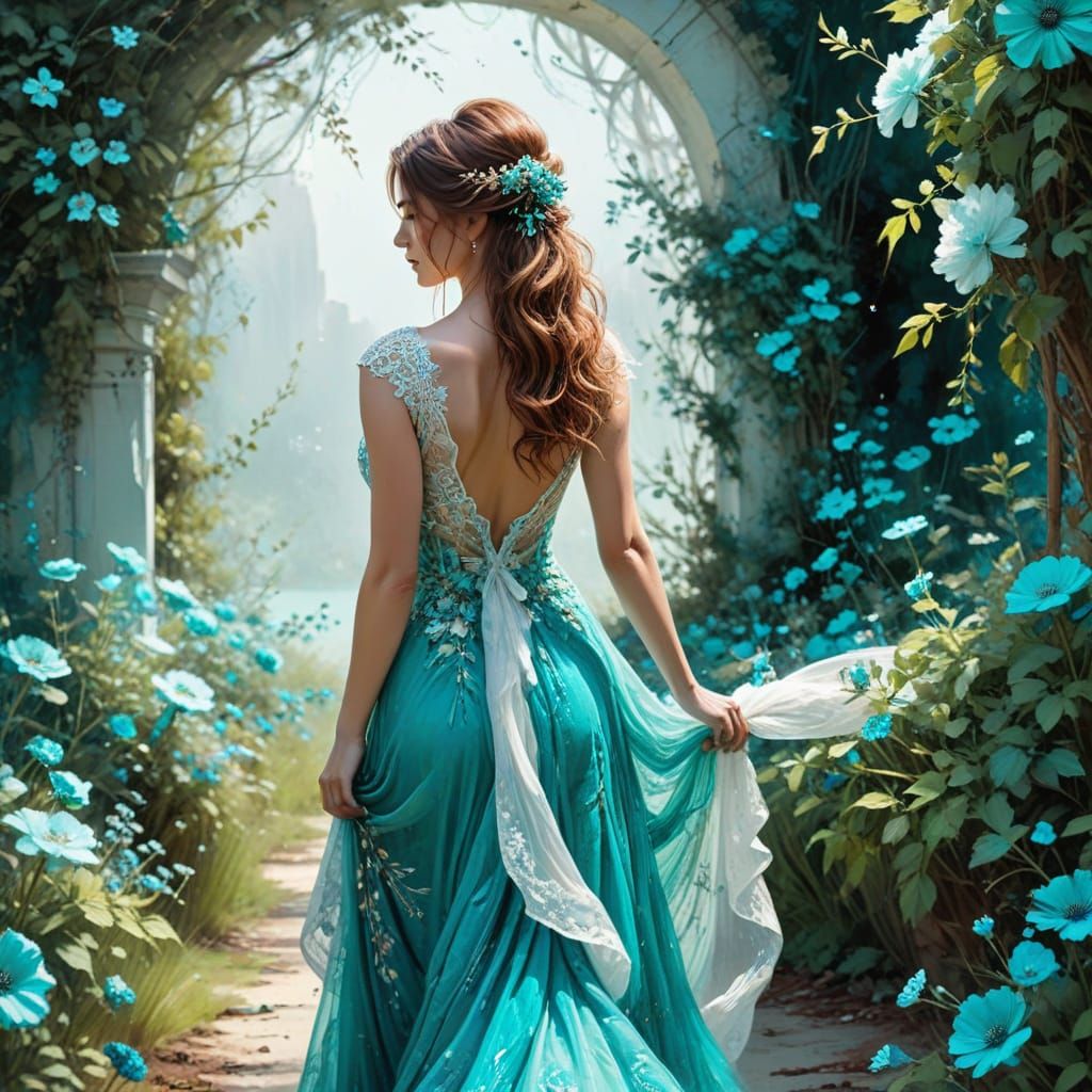 Turquoise Bride in Floral Garden, Oil Painting Style
