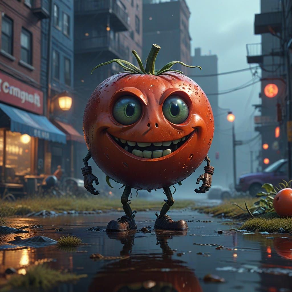 Chibi Tomato Smiles in Dreamlike Landscape