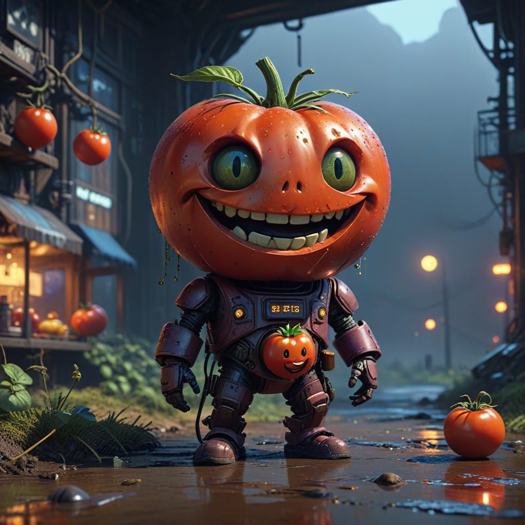 Whimsical Chibi Tomato in Cyberpunk Dreamscape