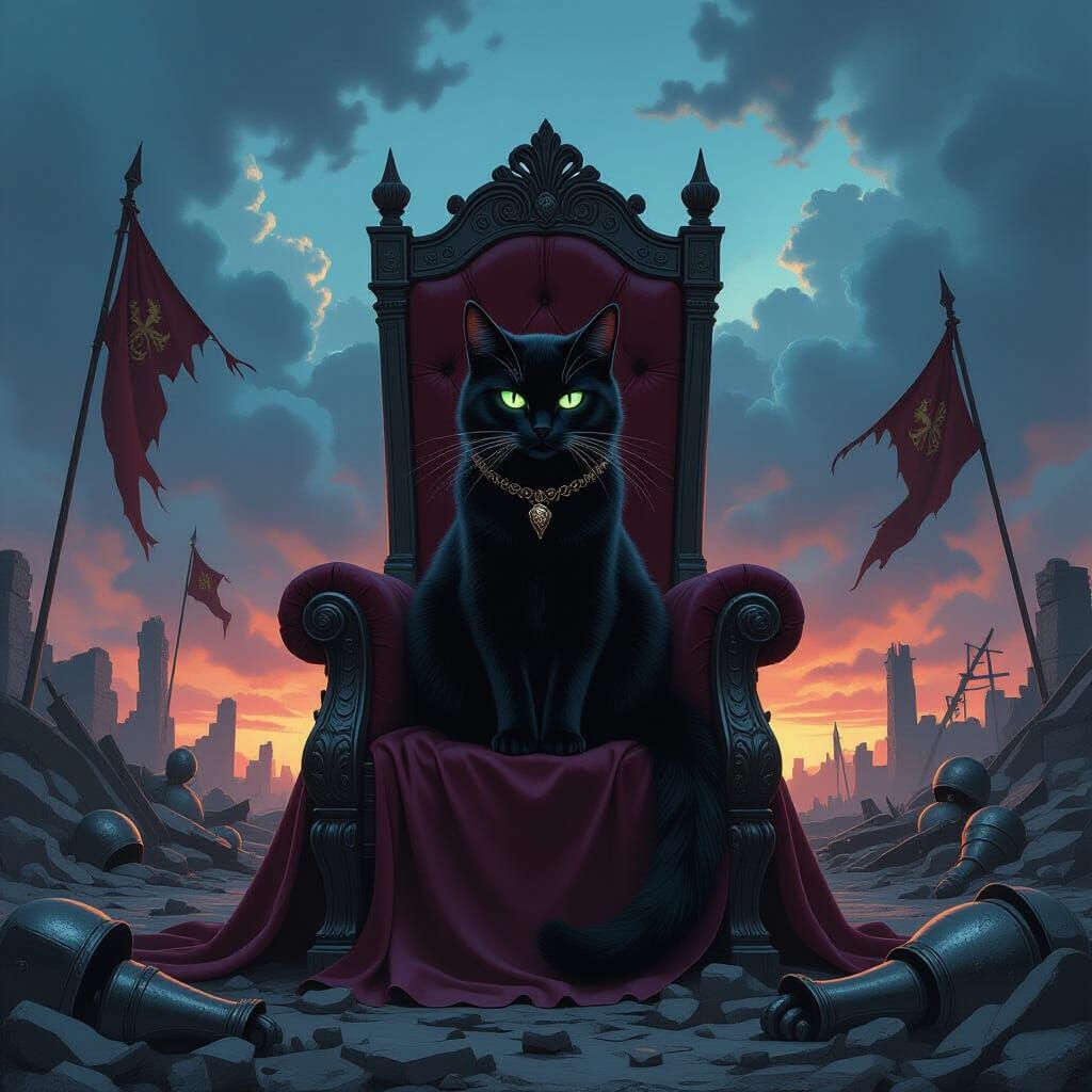 Black Cat King on Throne Overlooking War-Torn Battlefield