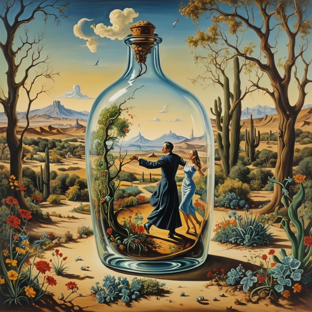 Surreal Desert Garden Dance: Dali-esque Oil Painting
