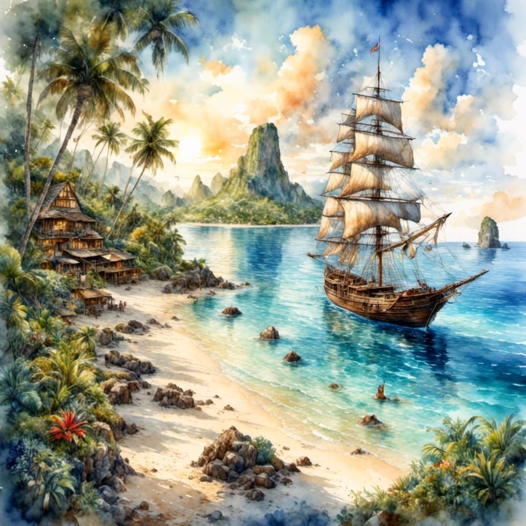 Polynesian Sailboat in Tropical Watercolor Paradise