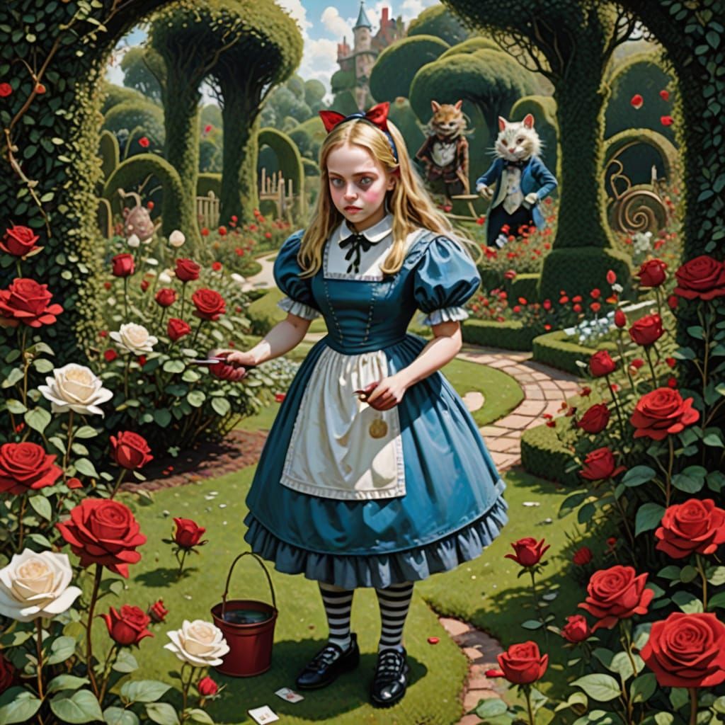 Alice Paints Roses Red in a Victorian Rose Garden