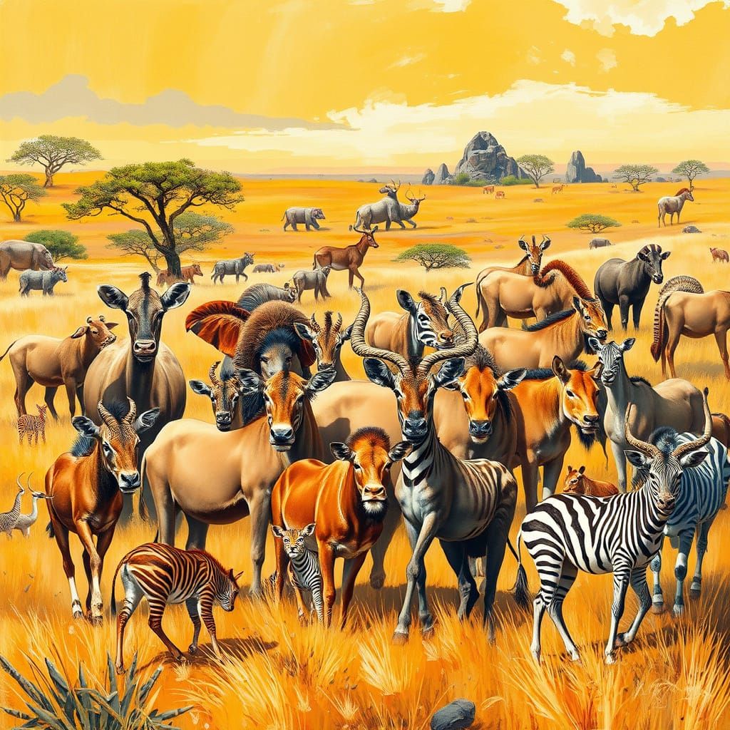 Wild Savannah Scene in Expressive Wildlife Style