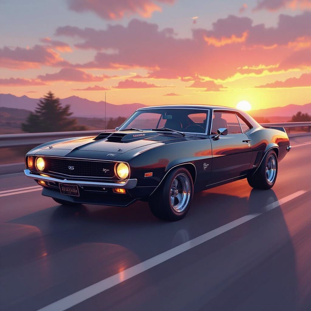 Chrome Muscle Car Speeds Down Sunset Highway