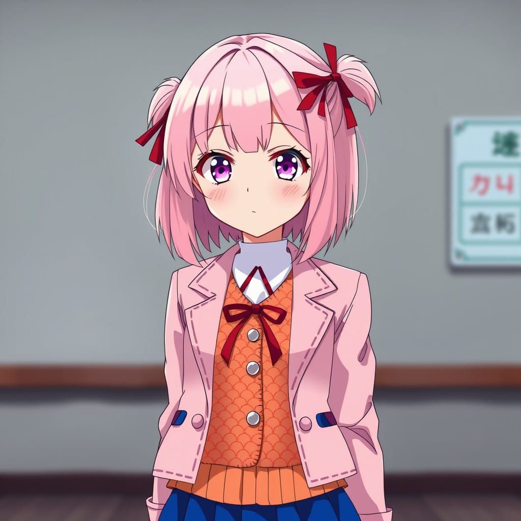 Japanese Schoolgirl in Pastel Pink Hair and Classic Uniform