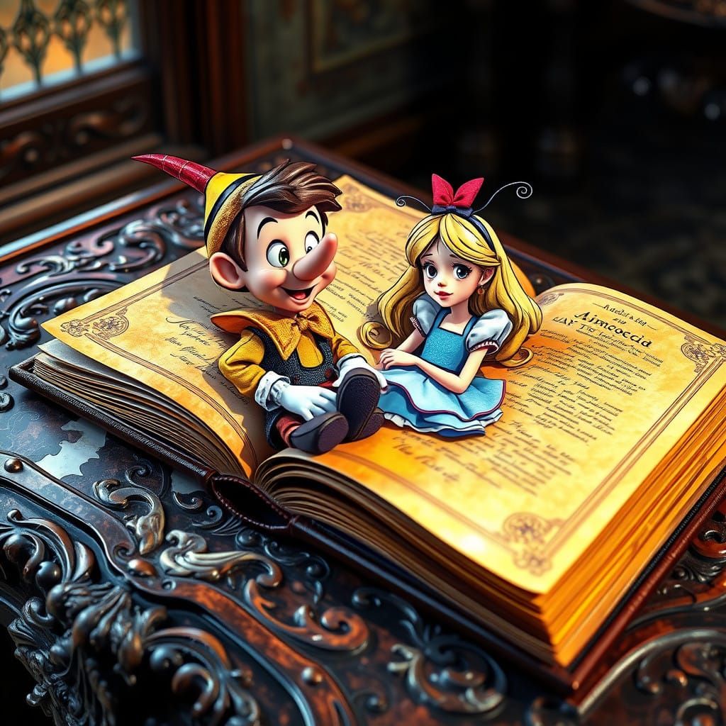 Vibrant Pinocchio and Alice Doodle Art Scene