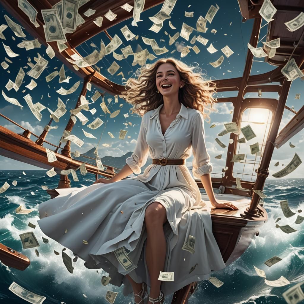 Woman Levitating on Bed Above Ocean, Fantasy Art