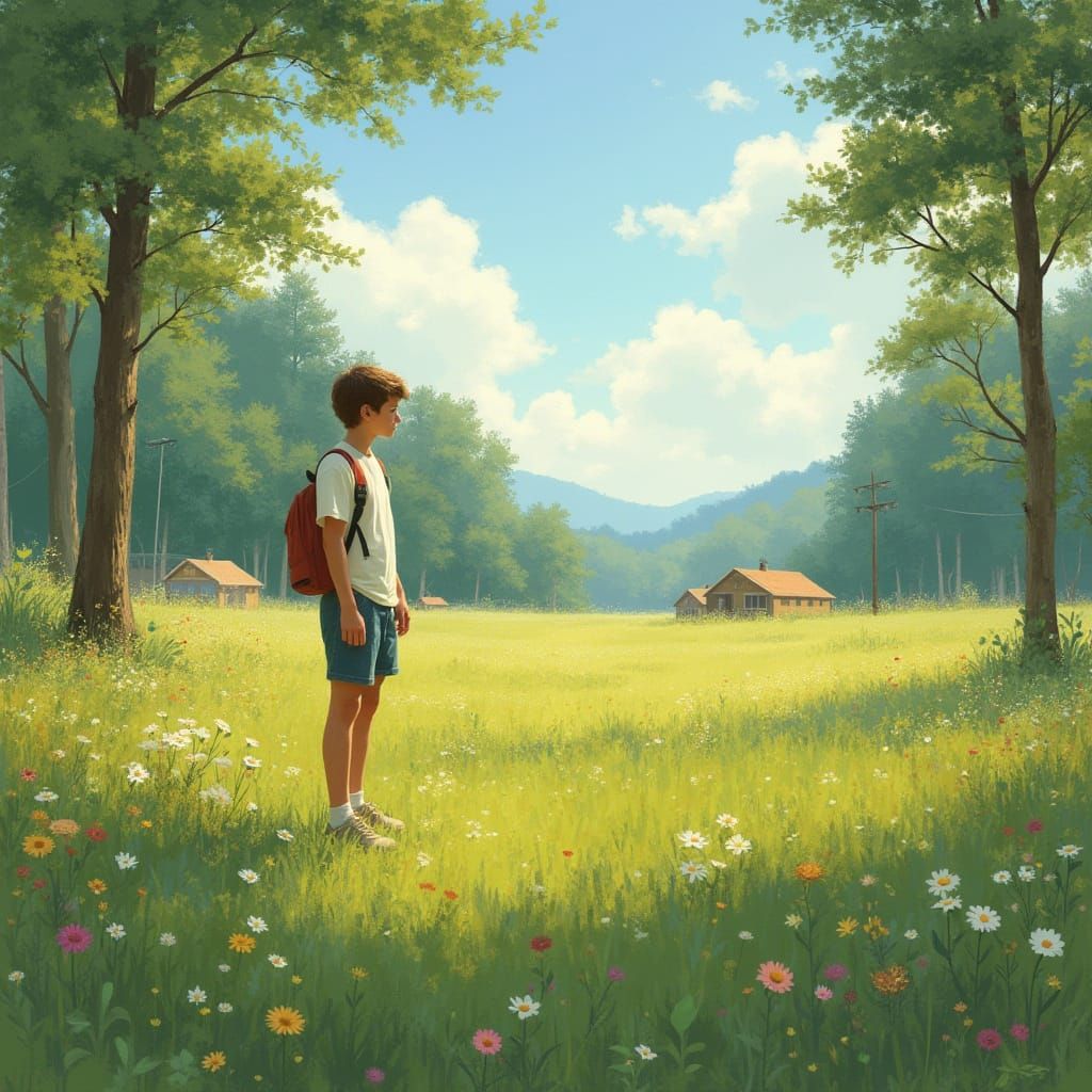 Impressionist Summer Scene of Carefree Youth at a Lush Summe...