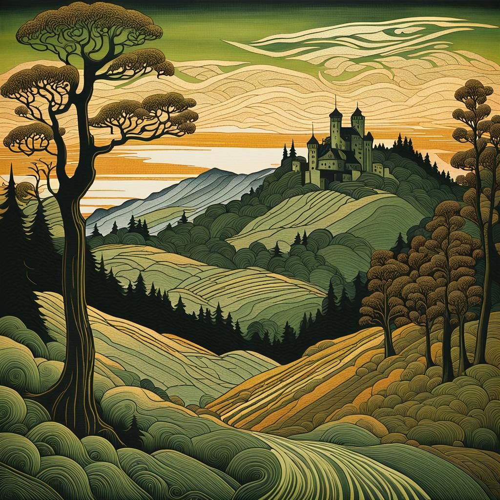 Alpine Landscape Woodcut with Distant Schloss