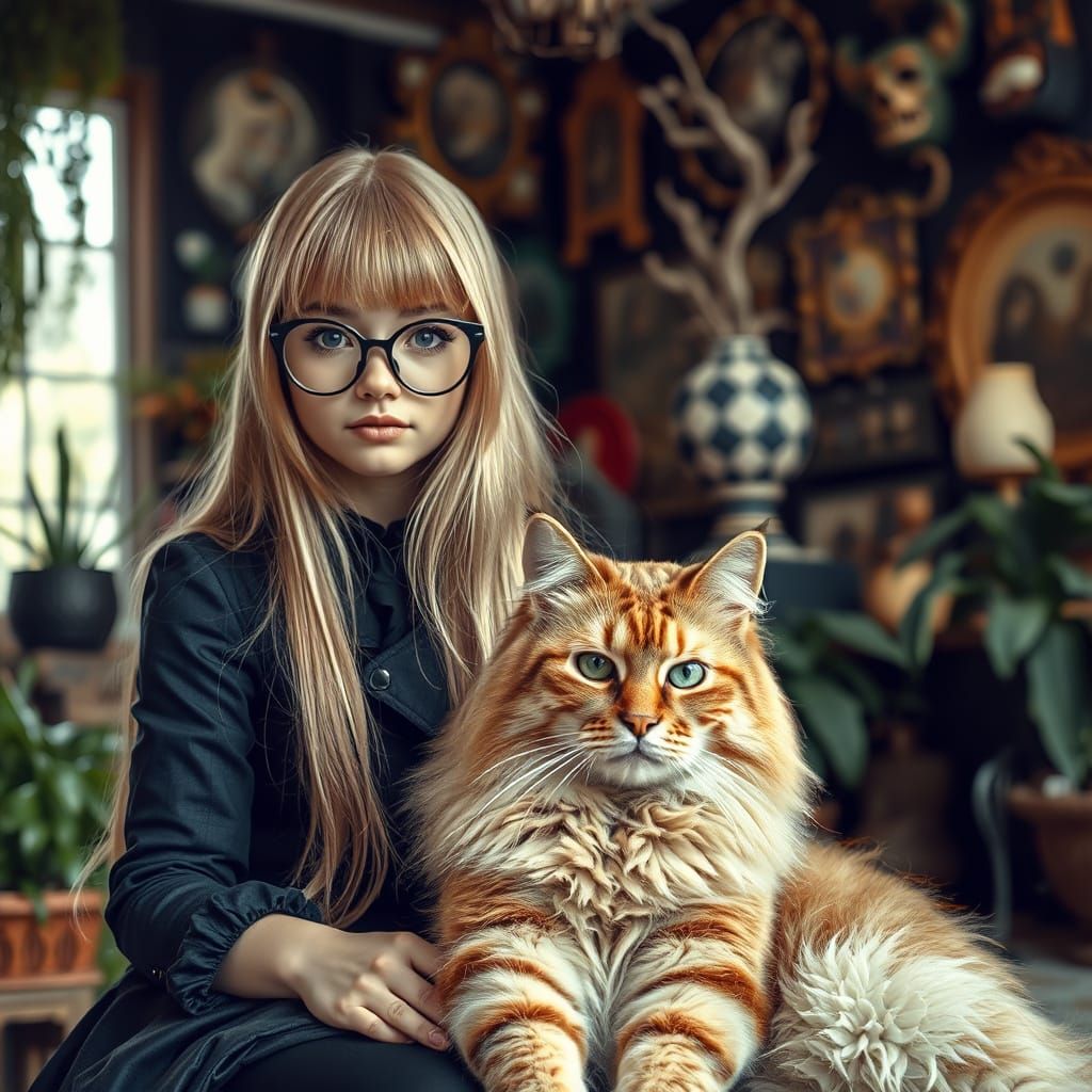 Blonde Woman with Cat in Gothic Art Environment