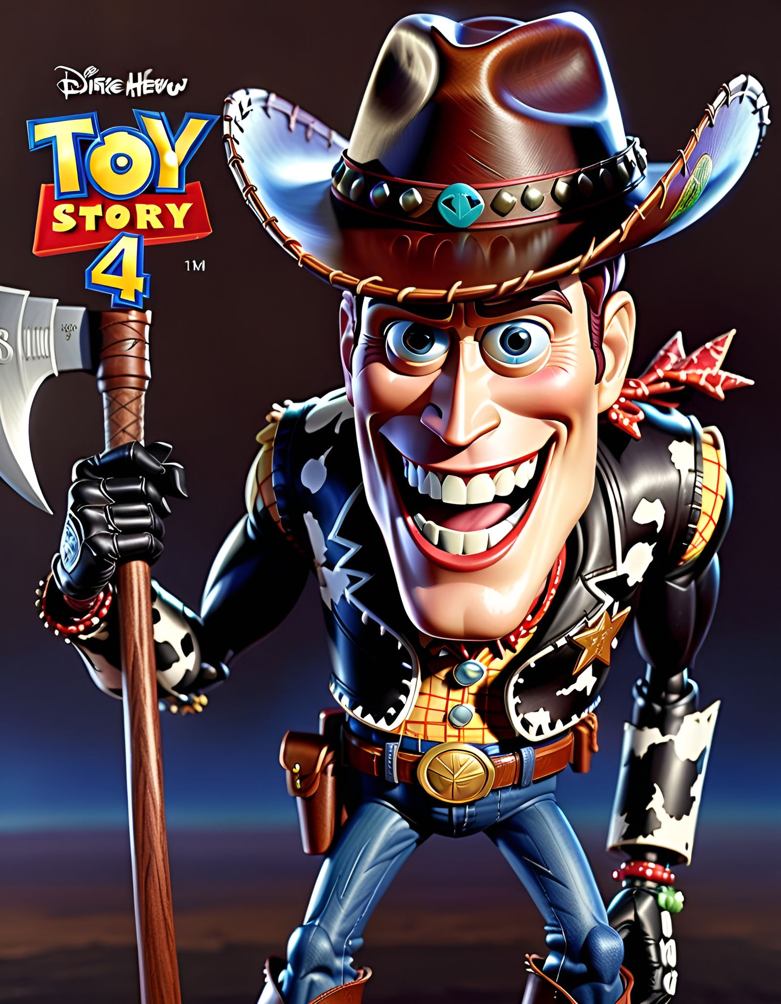 " Disney Pixar illustration, mean Woody, "TOY STORY" Creepy smile, insane grin with teeth, crazy look on his face, HUGE ...