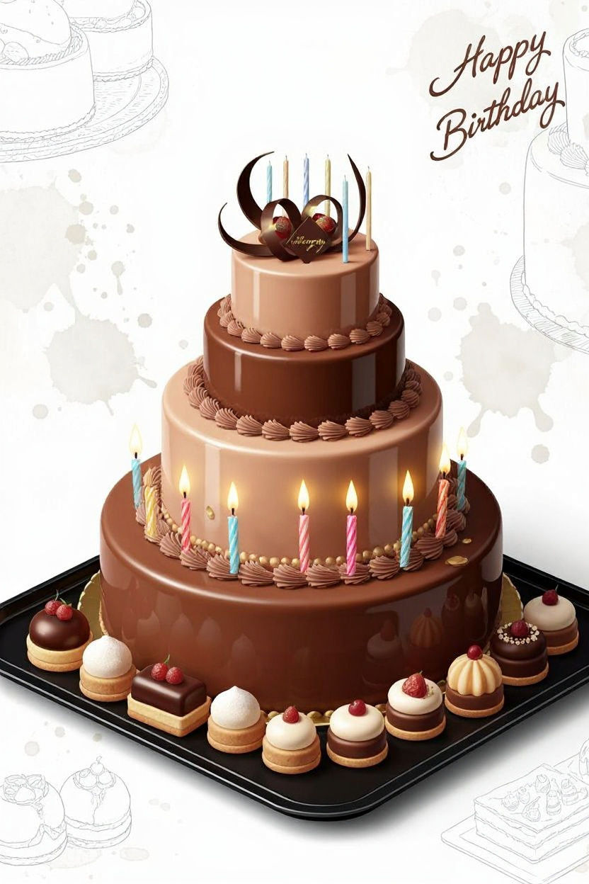 Elegant Chocolate Birthday Cake with Sweets and Gold Accents