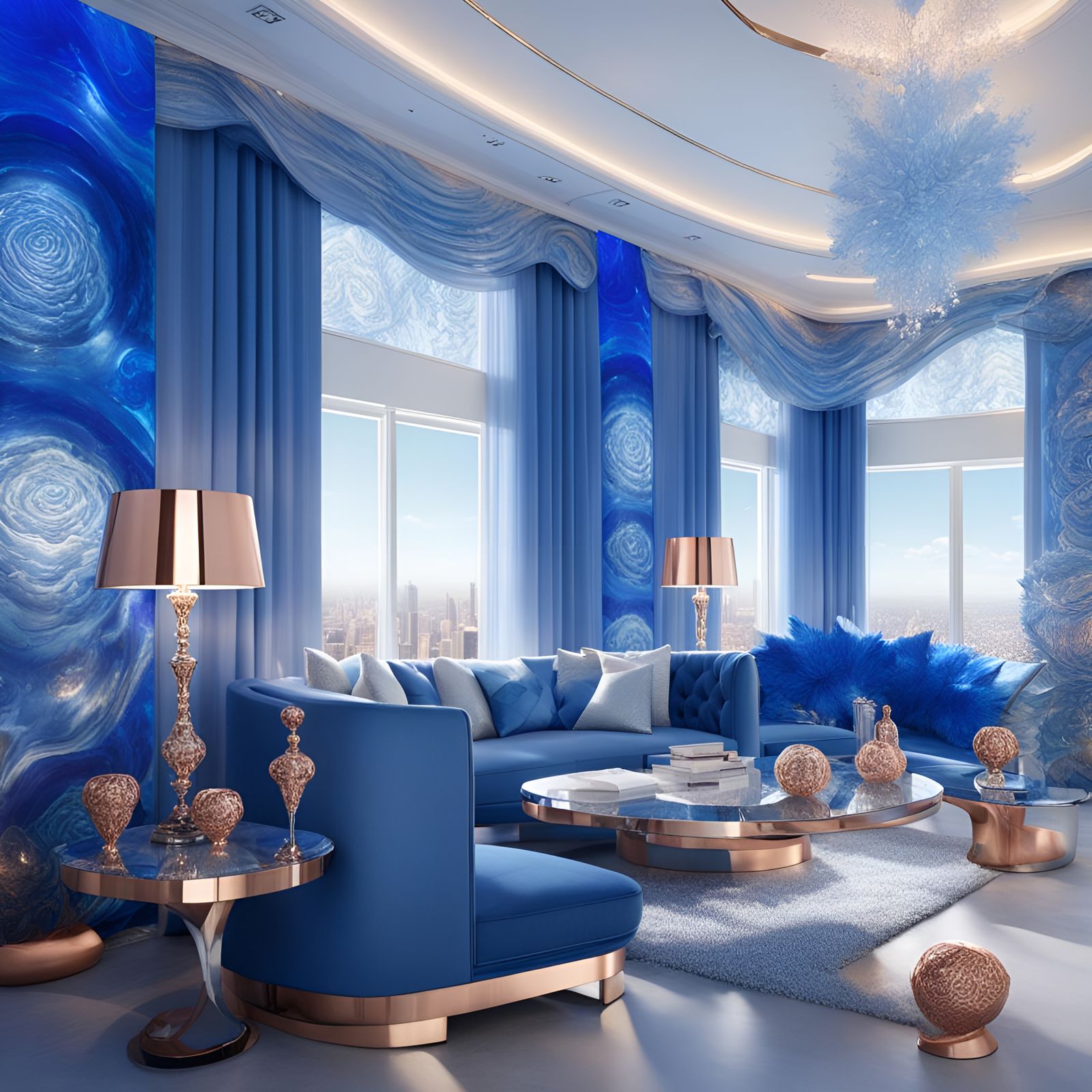 Shimmery luxurious luster penthouse with Blue fractals walls with light blue fractals accents& cobalt blue fractals acc...
