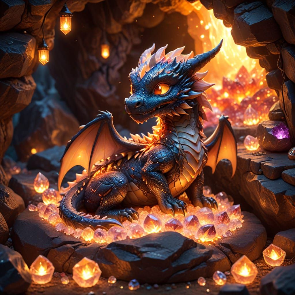 Cozy Chibi Dragon in Crystal Cavern with Lantern Light