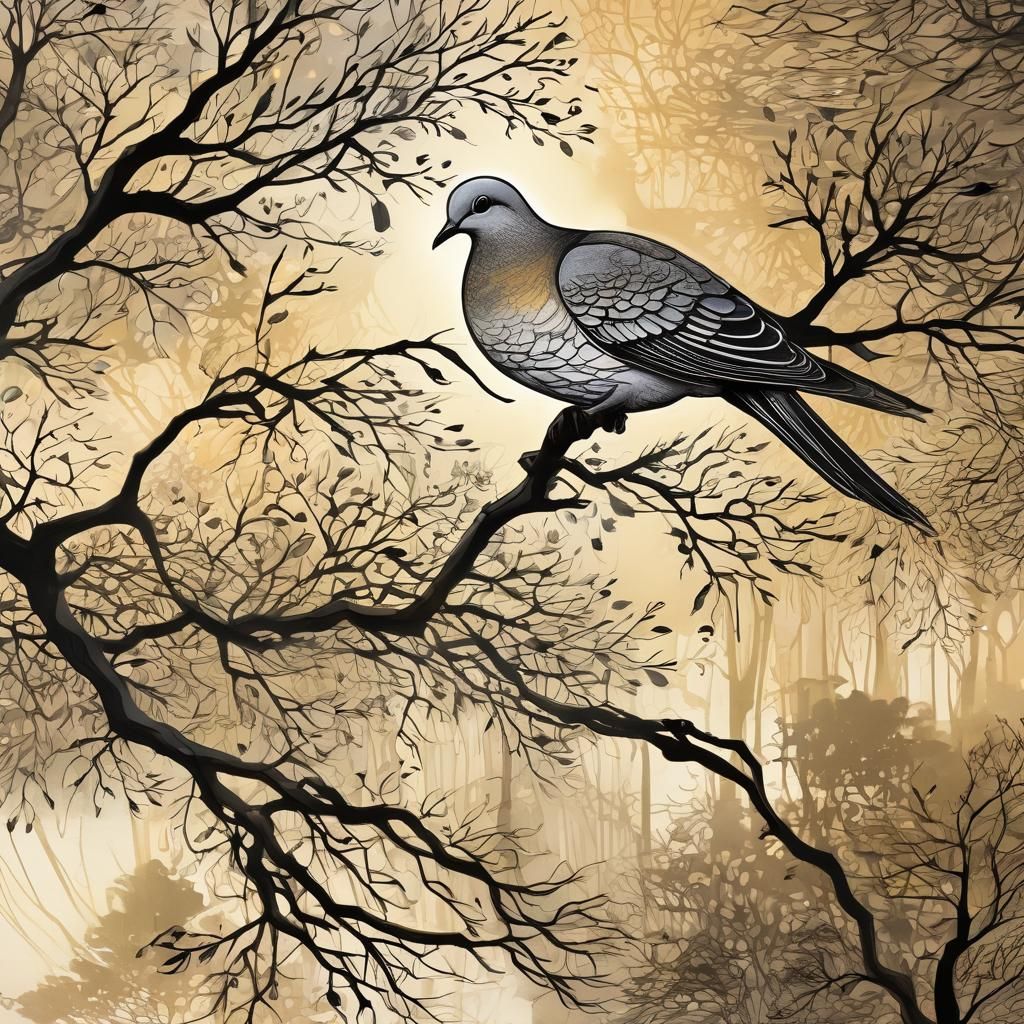 Stylized Tree Silhouette Drawing a Dove at Sunset
