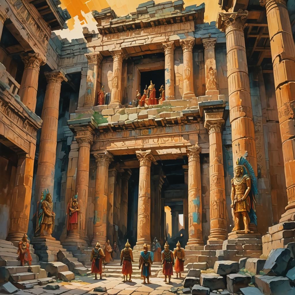 Epic Impressionist Gouache: Warriors in Ruined Temple