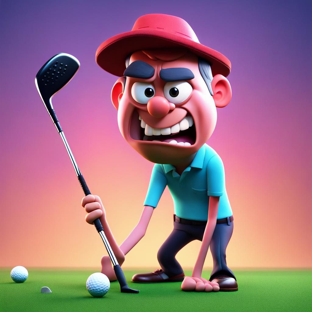 Angry Golfer Snapping Club: Pixar-Style 3D Art