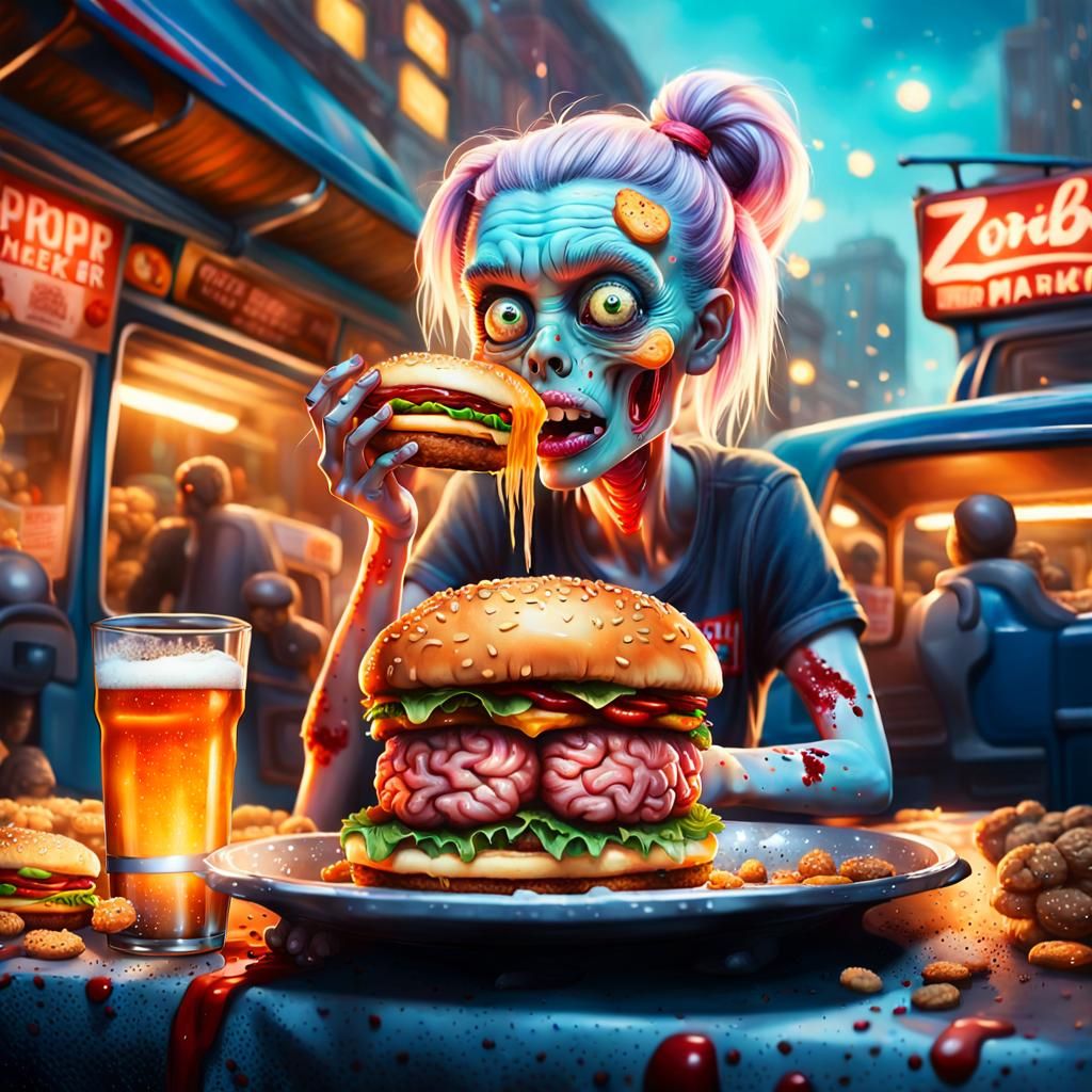 Zombie Woman Enjoys Brain Burger, Hyper-Realistic Food Illus...