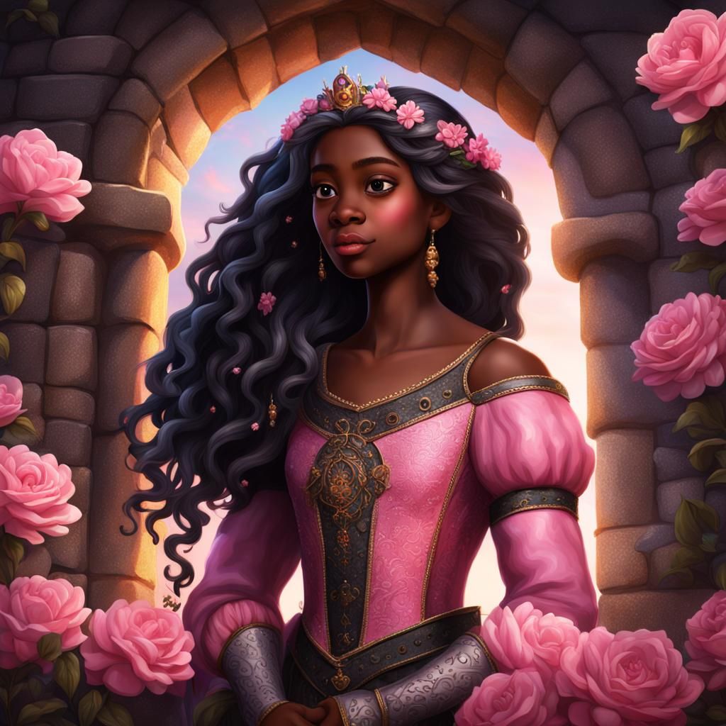 Black Rapunzel in Medieval Tower, Hyperrealistic Art