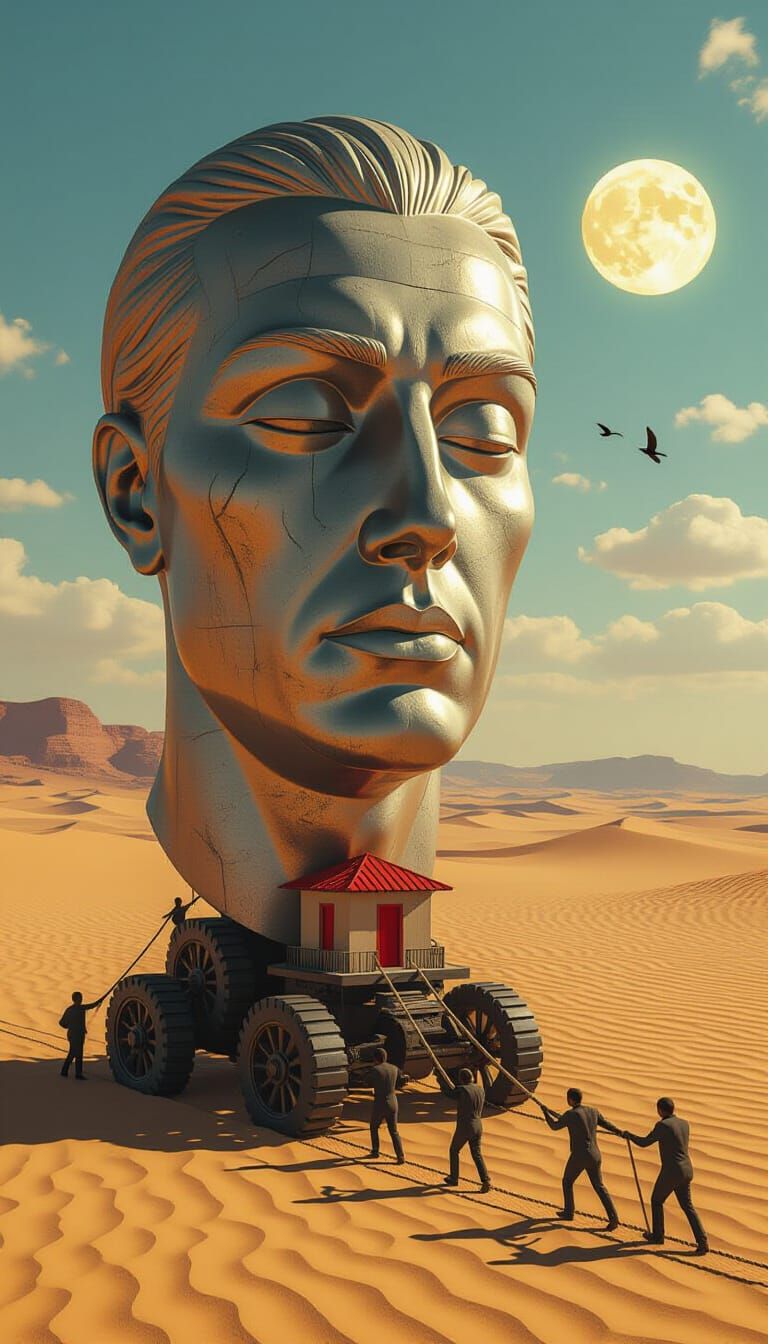 Surreal Desert Sculpture Pulled by Figures