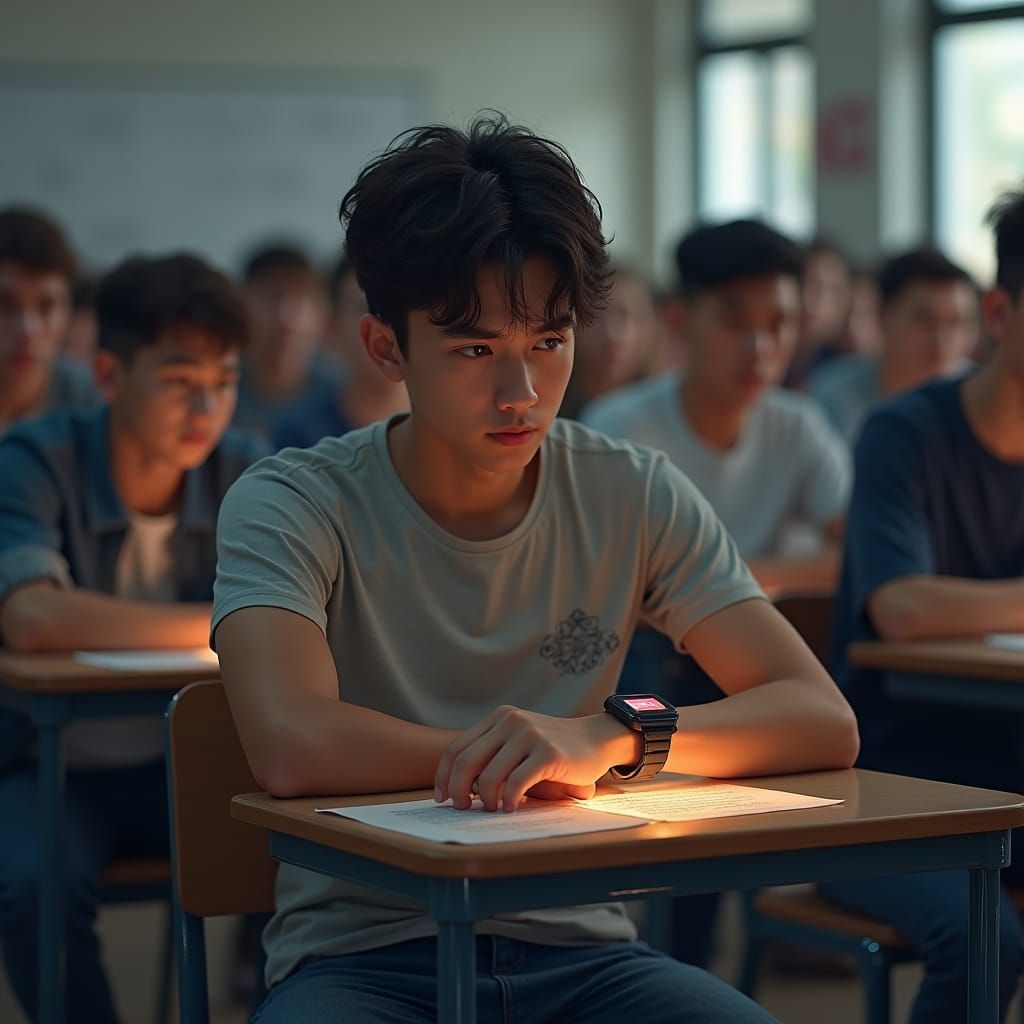 AI Exam Cheat: Futuristic Student in Tense Scene