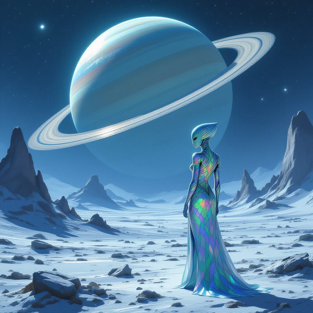Alien Woman on Moon Under Ringed Planet