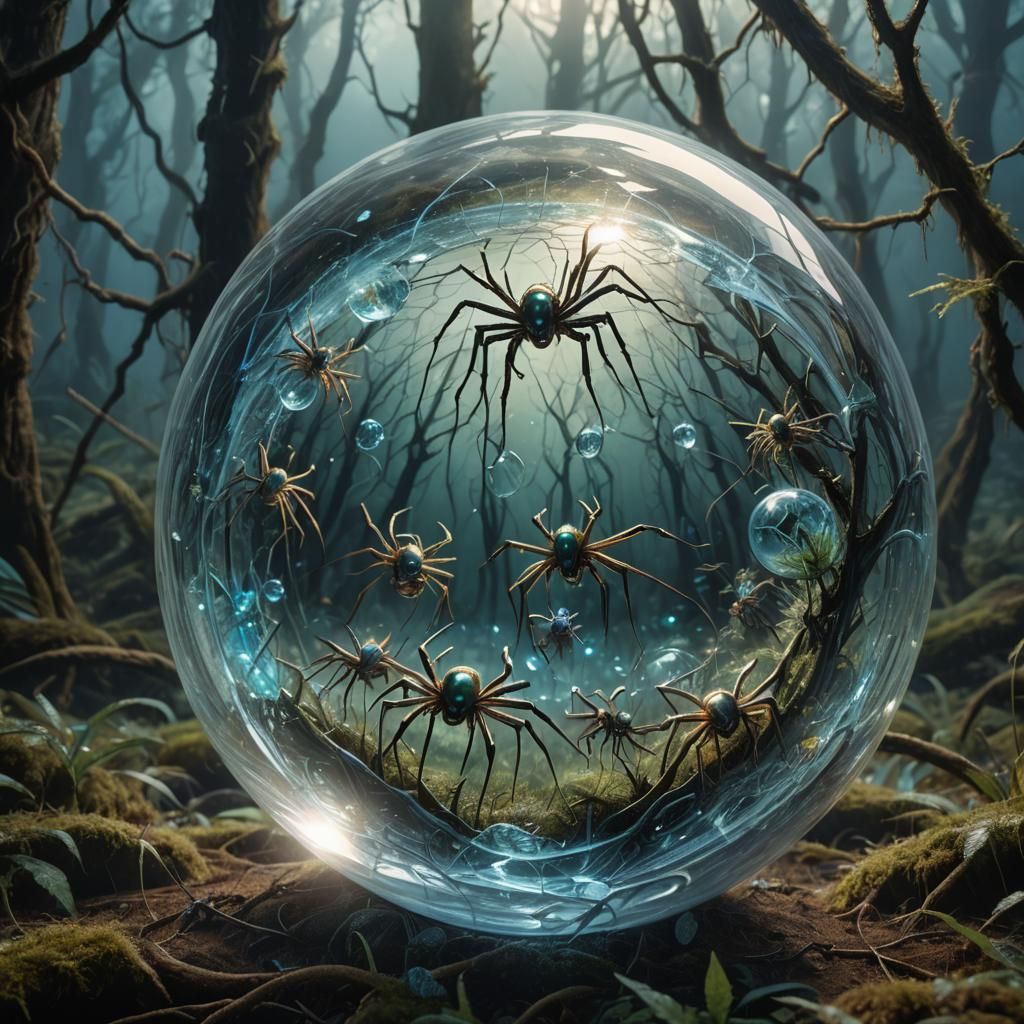 Pelican Spiders in Crystal Ball: Surrealist Dreamscape