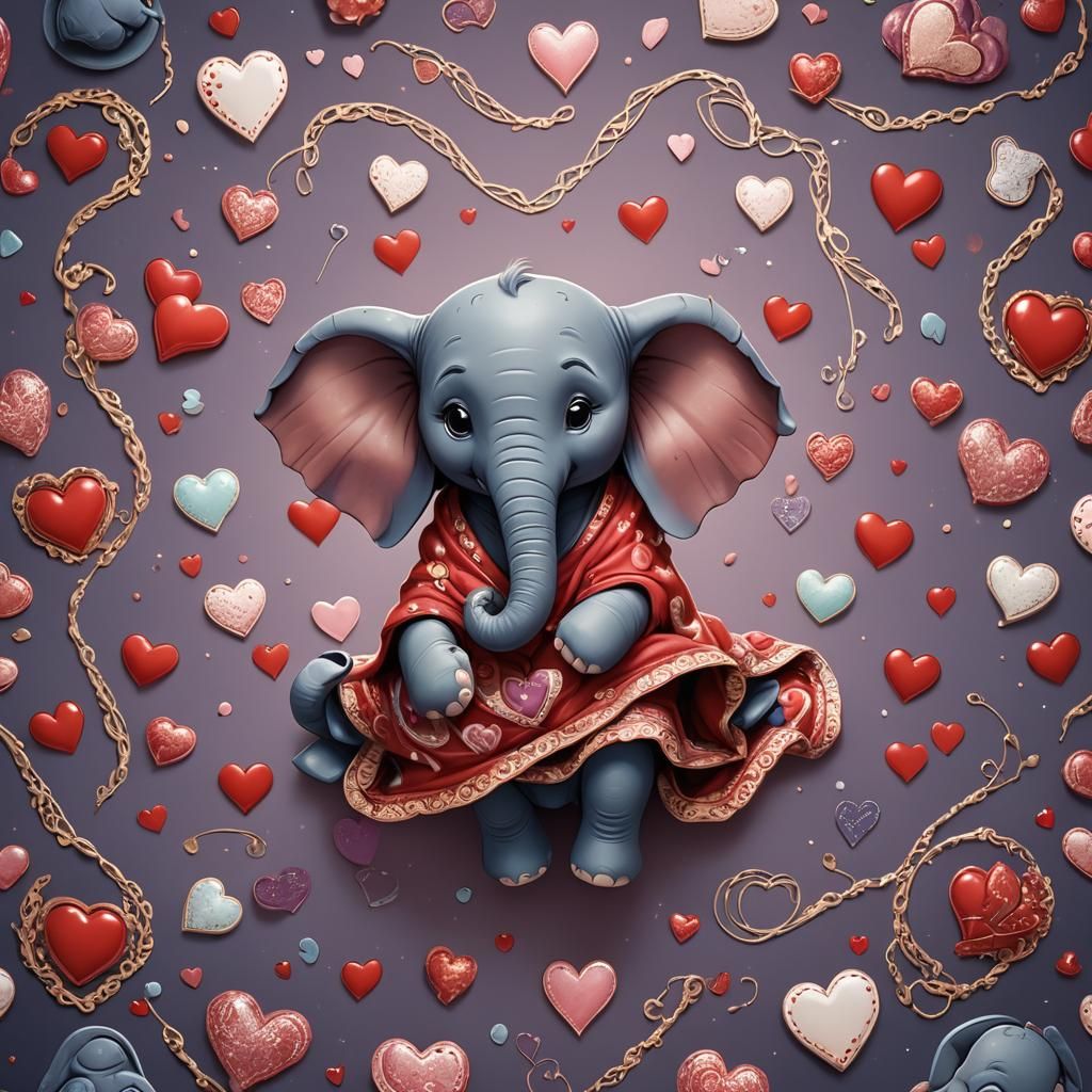 Chibi Elephant in Heart Blanket: Detailed Matte Painting