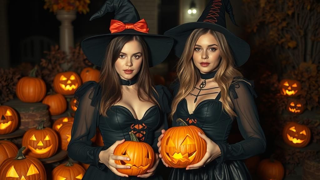 two very beautiful teengirls in very short and creepy helloween costumes are ready for trick or treat: