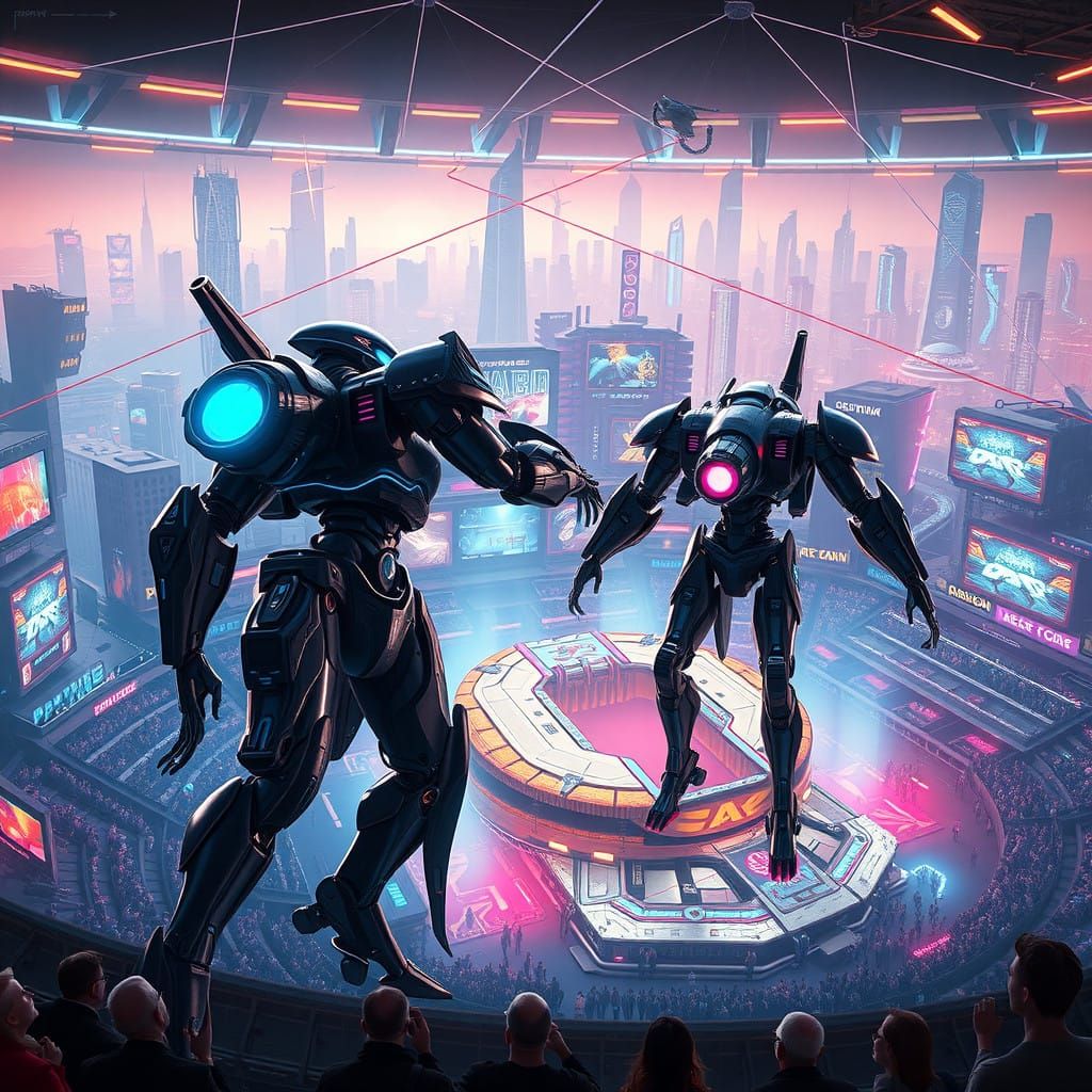 Cyberpunk Stadium of Neon Dreams and Mecha Androids in High-...