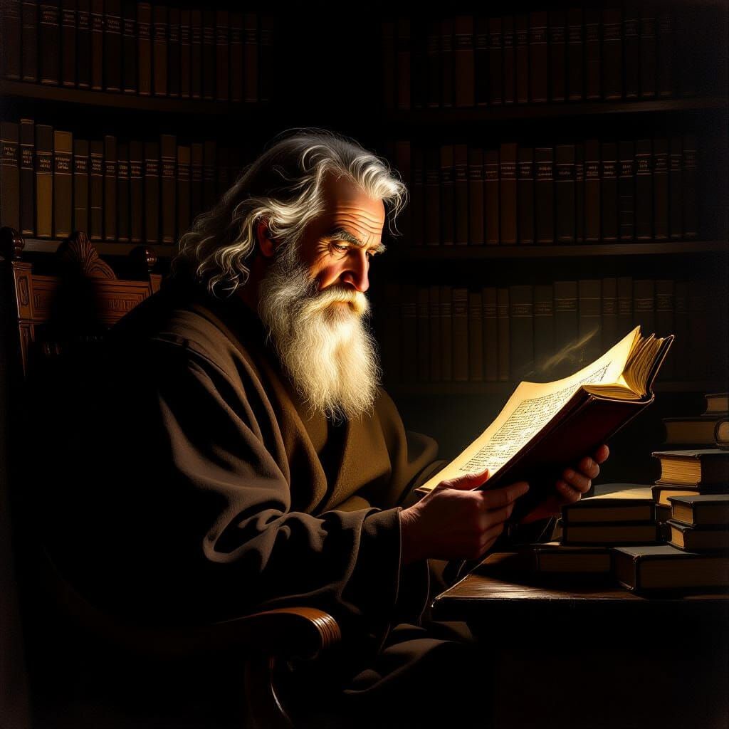 Wise Old Scholar in Library, Rembrandt Style