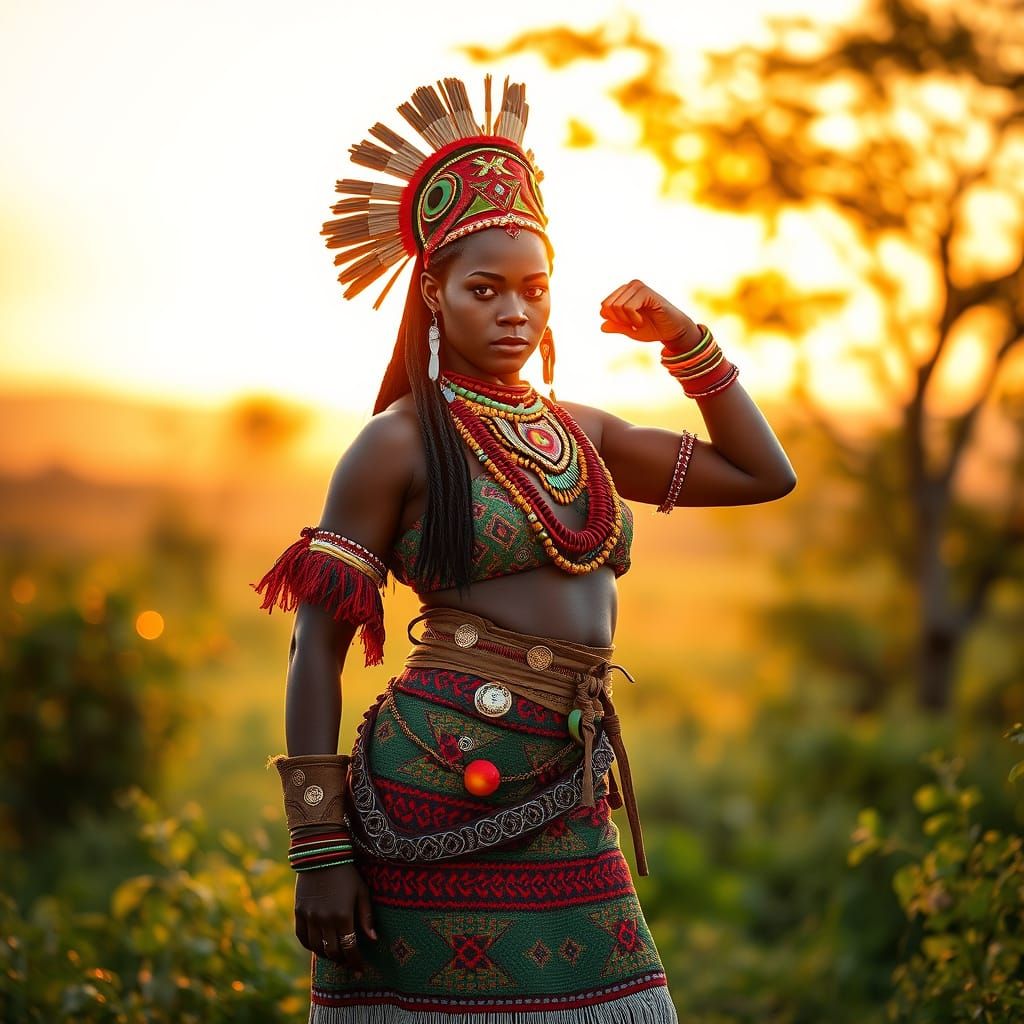 Vibrant Zulu Superheroine Stands Tall in Golden Hour Savanna...