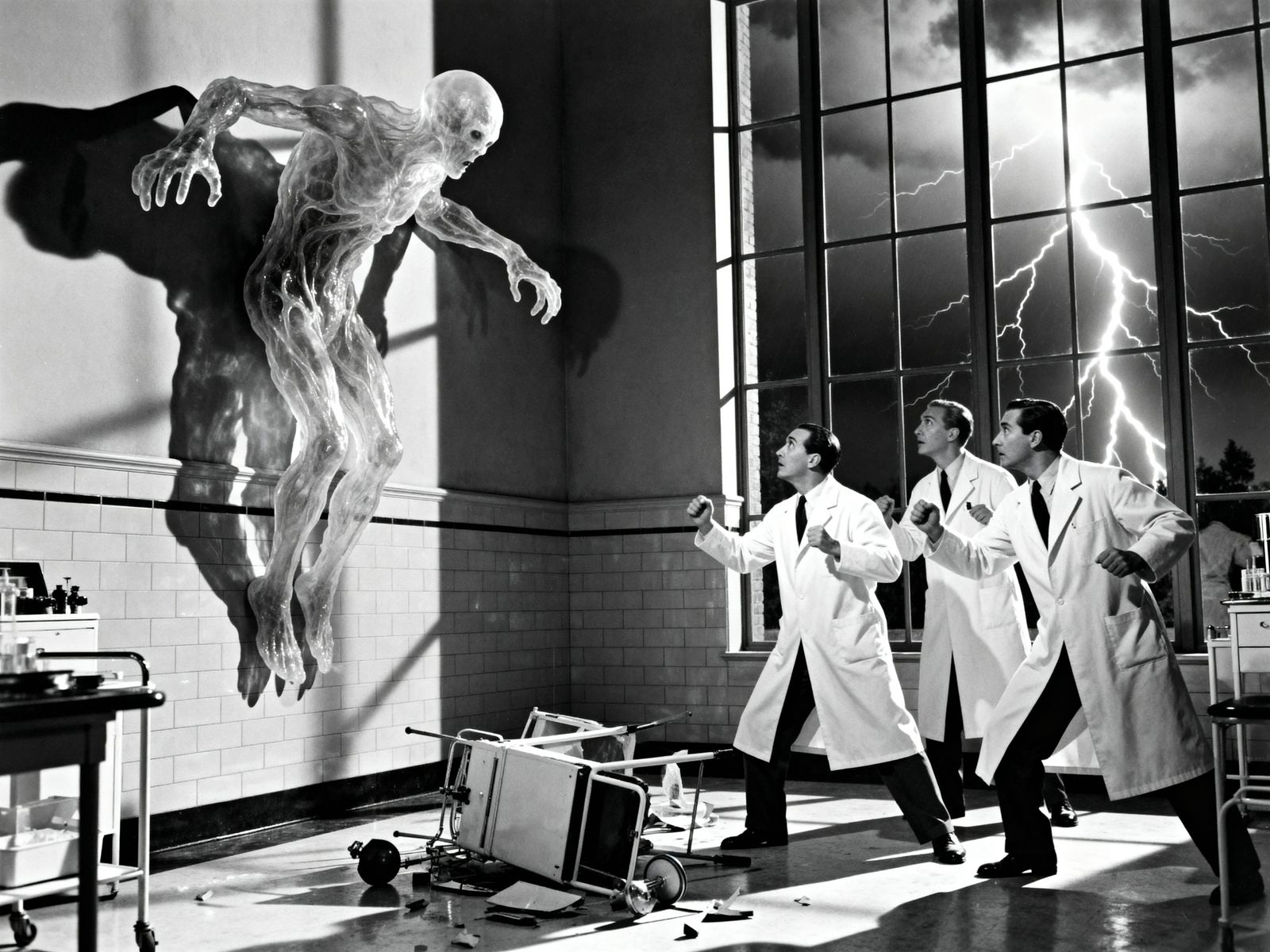 1930s Monster Movie Lab Scene: Amoeba Creature Attacks Docto...