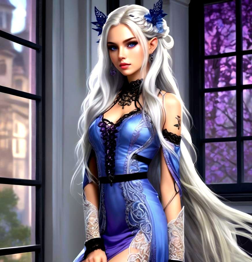 Elegant Elf Woman in Starlit Scene, Digital Art