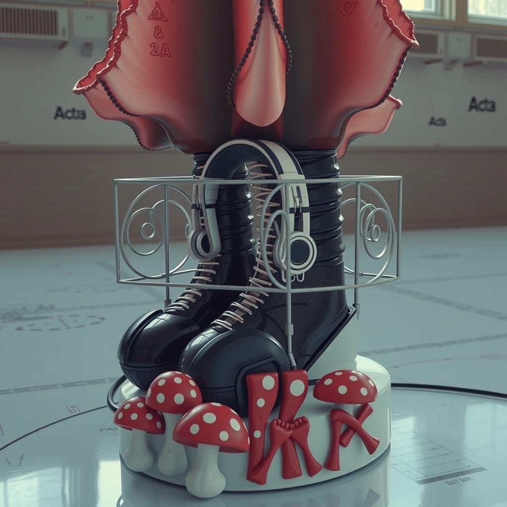 Whimsical Freemason Mushroom Sculpture in Linocut Style