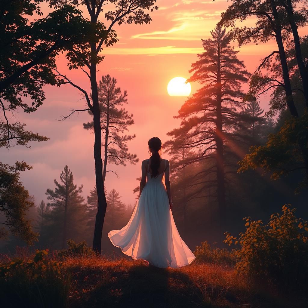 Dreamlike Sunrise Scene in Misty Forest