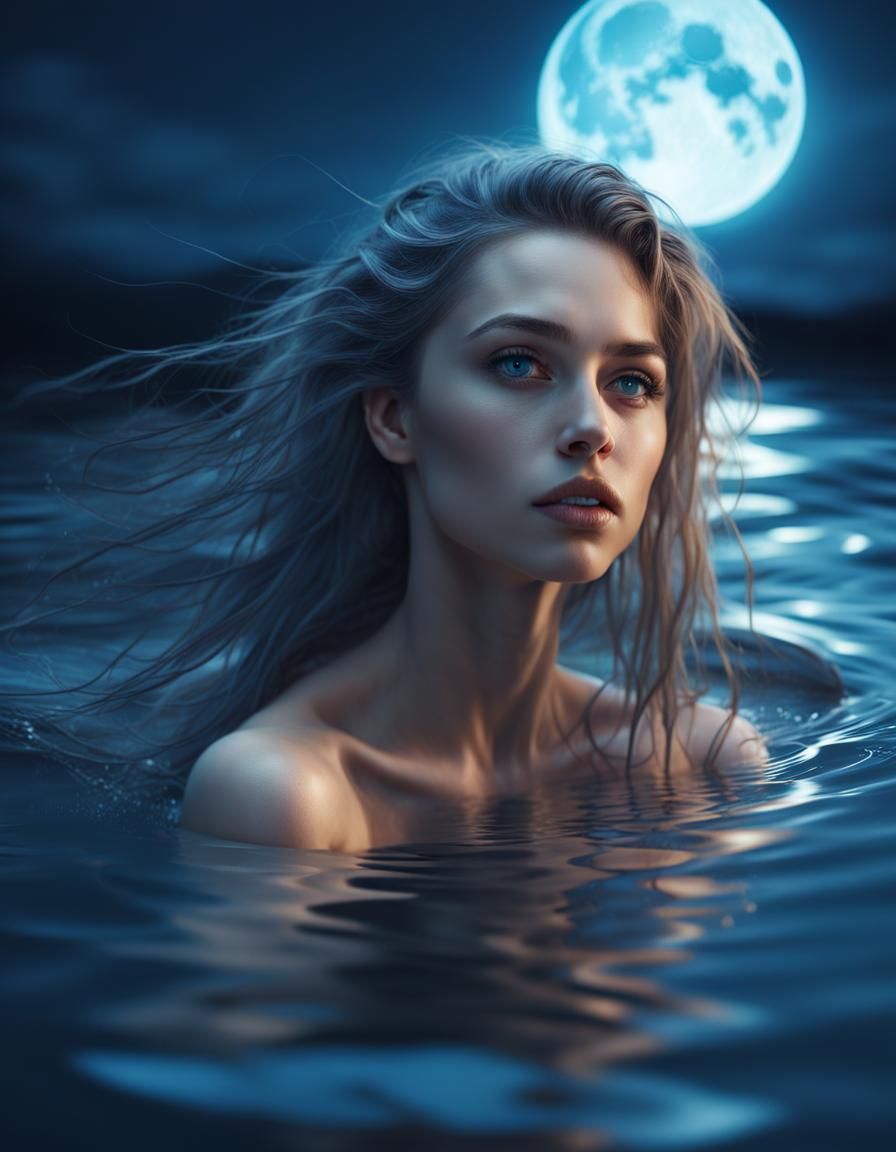 Blue-Haired Woman Sinking in Moonlit Water