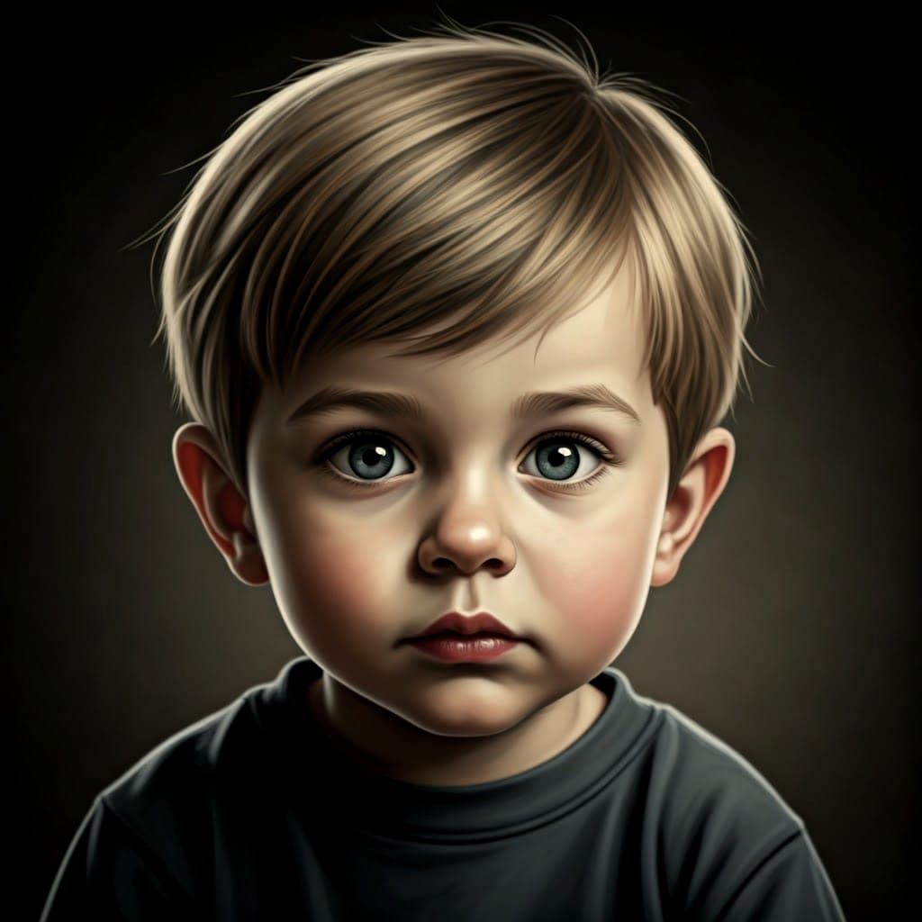 Handsome Boy's Face in Charcoal Drawing