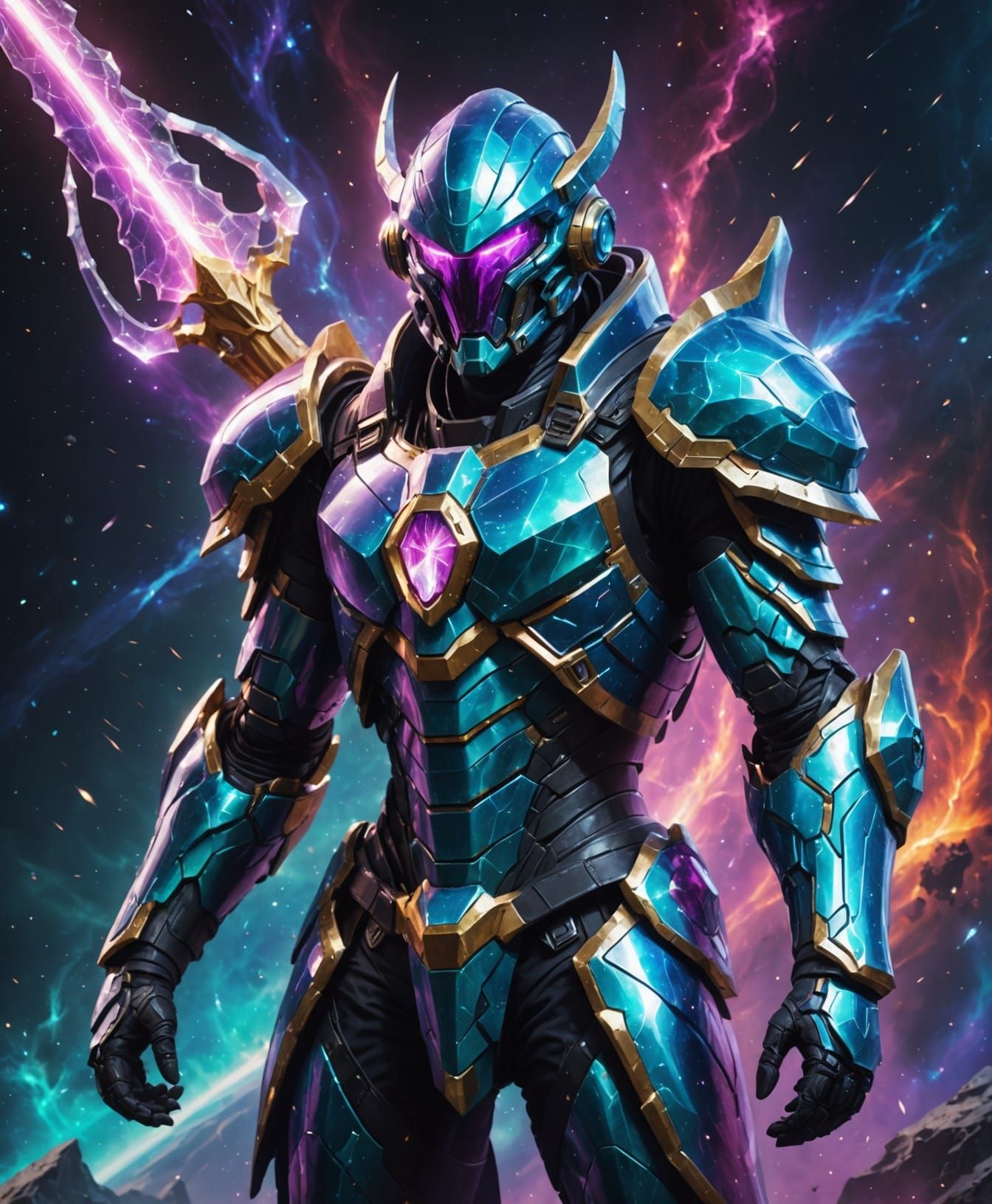 Crystalline alien paladin, refractive armor with light dispe...